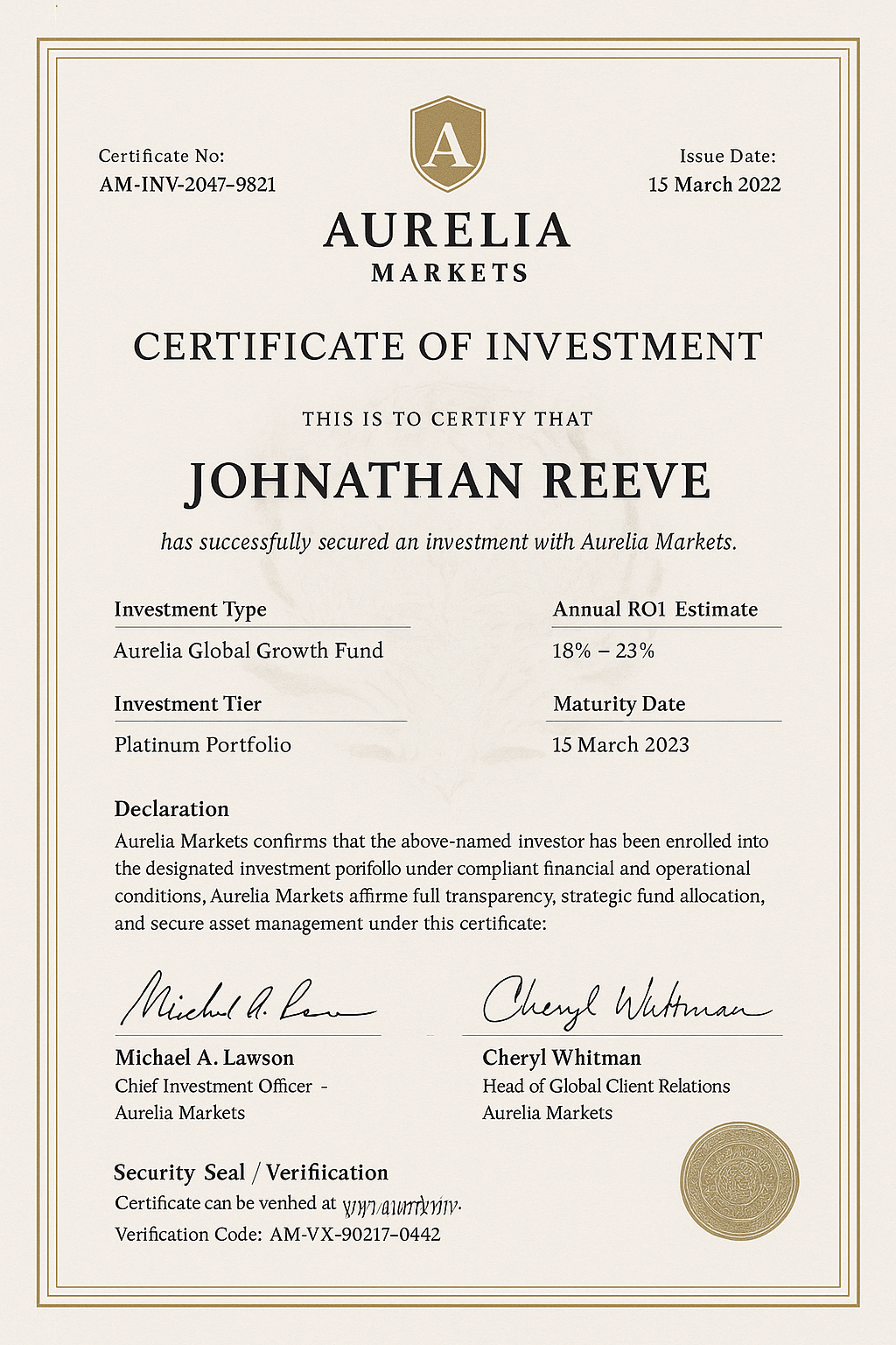 Sample investment certificate preview